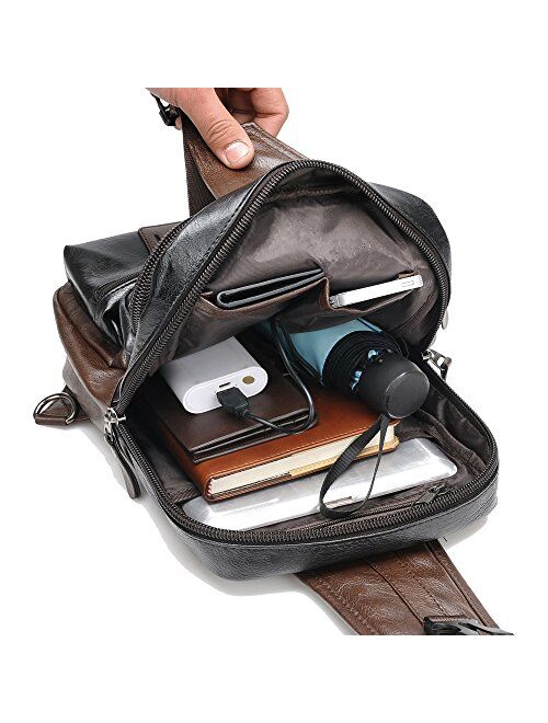 Men Vintage PU Leather CrossBody Sling Bag Large Capacity Casual Backpack USB Charge