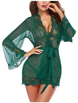 Women Lace Kimono Robe Babydoll Sexy Lingerie Mesh Chemise Nightgown Cover Up