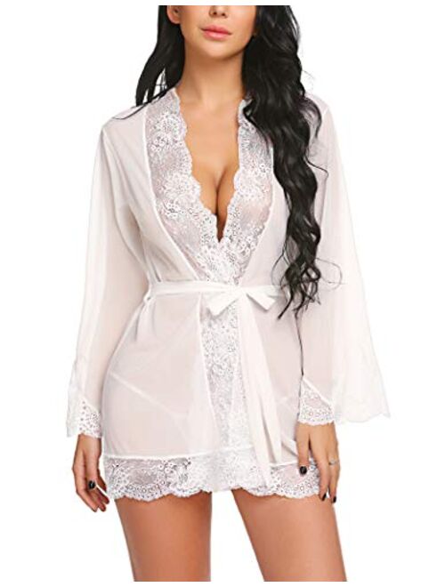 Avidlove Women Lace Kimono Robe Babydoll Sexy Lingerie Mesh Chemise Nightgown Cover Up