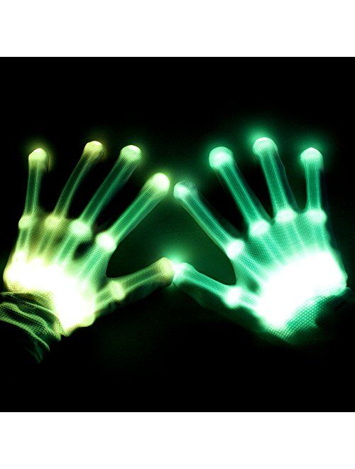 Theefun LED Gloves, 12 Color Changing Flashing Skeleton Gloves, Cool Light Up Costume for Halloween Christmas Birthday Party, Best Gifts for Age 8-14 Years Kids, 1 Pair(W