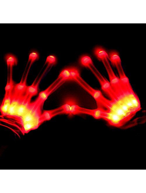 Theefun LED Gloves, 12 Color Changing Flashing Skeleton Gloves, Cool Light Up Costume for Halloween Christmas Birthday Party, Best Gifts for Age 8-14 Years Kids, 1 Pair(W
