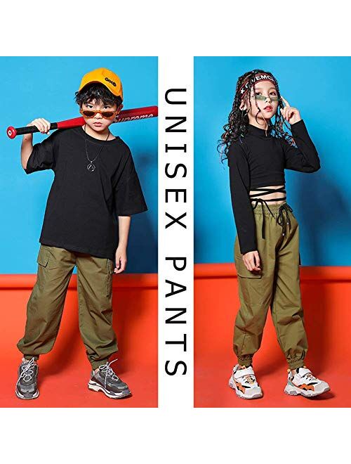 Kids Cotton Jogger Cargo Pants for Boys Girls Loose Street Hip Hop Dance Costume