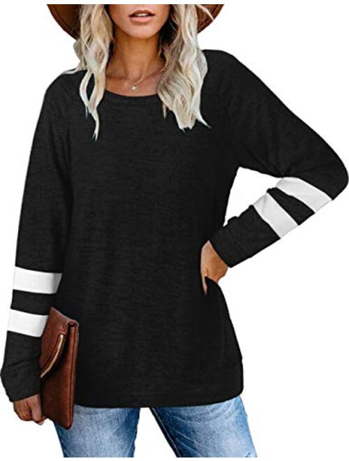 NSQTBA Womens Crewneck Sweatshirts Color Block Long Sleeve Sweaters Tunic Tops