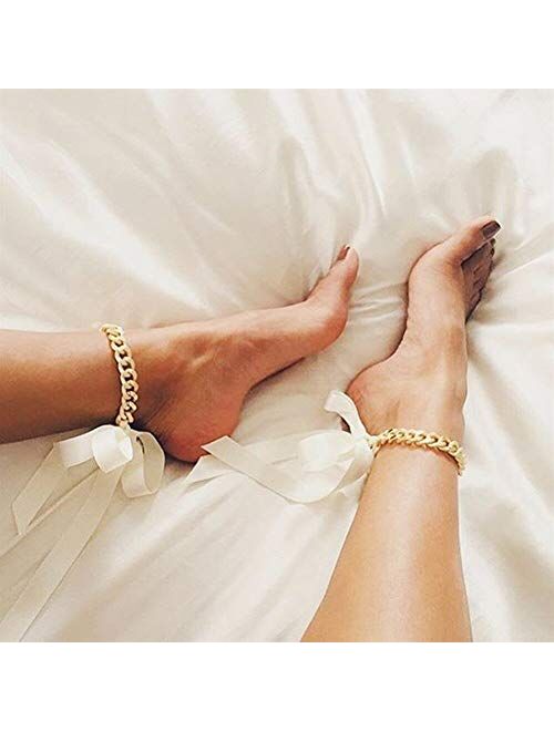 Xf Anklet for Women Foot Chain Cute Metal Chain Ribbon Anklets Female Foot Jewelry Summer Beach Ankle Chains (2pcs)