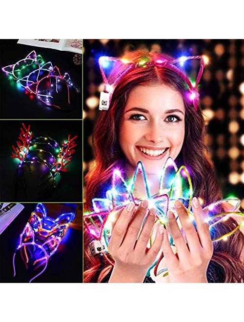 10Pcs Cat Ear + Flower Crown Glow Headband LED Light Up Flashing Glow Hairbands,Women Girls Costume Headband Blinking LED Glow Hair Band Ornaments for ConcertParty,Hallow