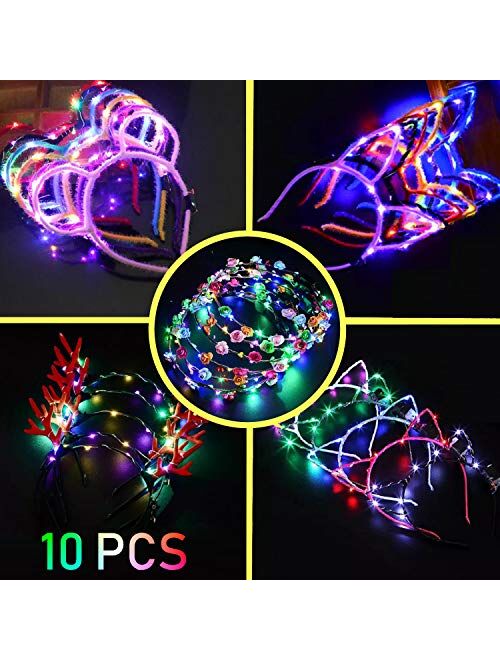 10Pcs Cat Ear + Flower Crown Glow Headband LED Light Up Flashing Glow Hairbands,Women Girls Costume Headband Blinking LED Glow Hair Band Ornaments for ConcertParty,Hallow