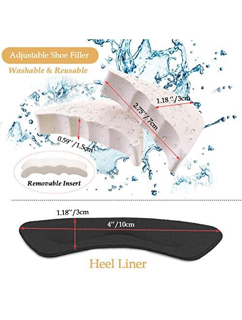 4 Pairs Adjustable Shoe Filler and 4 Pairs Heel Grip Liner Insert, Reusable Toe Plug Foot Brace Pads for Men and Women Pumps Flats Sneakers