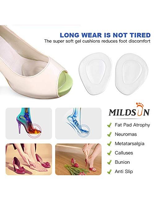 3 Pairs Ball of Foot Cushions Adhere to Shoes, Metatarsal Pads with Water Drop Shape 4D Design, Professional Reusable Soft Insole, One Size Fits Shoe Inserts, by Mildsun