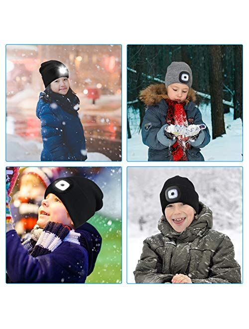 2 Pieces LED Beanie Hats for Kids USB Rechargeable LED Knitted Caps Winter Warm Knitted Flashlight Hats Clothing Accessories for Hiking, Biking, Camping at Night, Outdoor