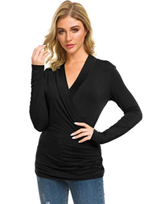 Afibi Womens Slim Fitted Deep V Neck Cross Wrap Top Long Sleeve T-Shirts