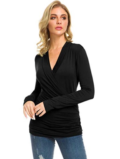 Afibi Womens Slim Fitted Deep V Neck Cross Wrap Top Long Sleeve T-Shirts