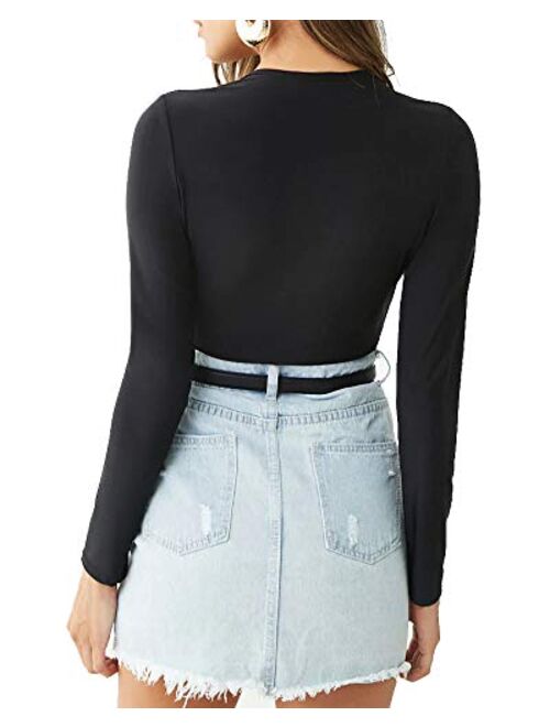 LINMON Women's Long Sleeve Bodysuit Surplice Ruched Plunge V Neck Stretchy Jumpsuit Leotards