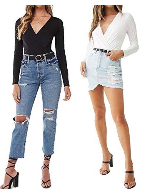 LINMON Women's Long Sleeve Bodysuit Surplice Ruched Plunge V Neck Stretchy Jumpsuit Leotards