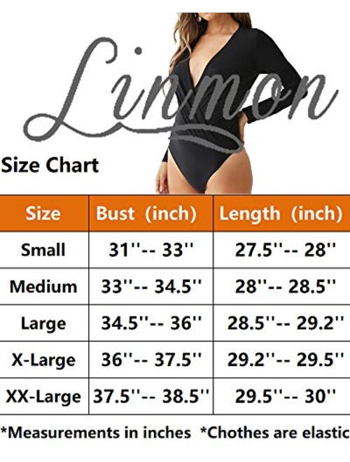 LINMON Women's Long Sleeve Bodysuit Surplice Ruched Plunge V Neck Stretchy Jumpsuit Leotards