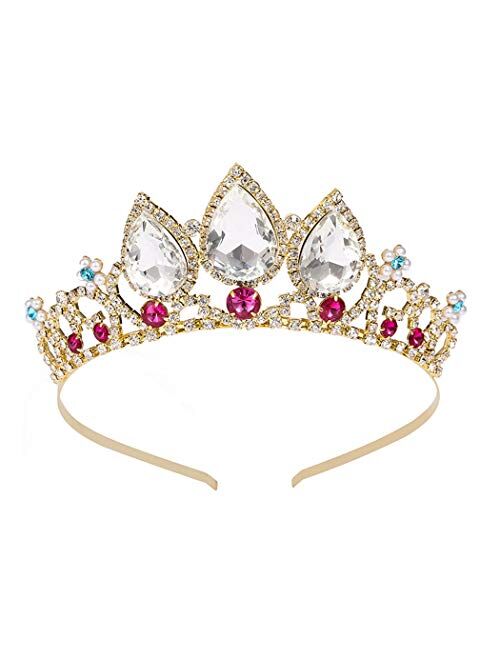 COCIDE Girls Crystal Tiara Gold Birthday Crown Rapunzel Pearl Headband for Women Princess Hairpiece for Kids Rhinestones and Red Gem Stunning Wedding Hair Accessories for