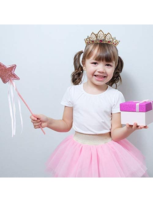 COCIDE Girls Crystal Tiara Gold Birthday Crown Rapunzel Pearl Headband for Women Princess Hairpiece for Kids Rhinestones and Red Gem Stunning Wedding Hair Accessories for