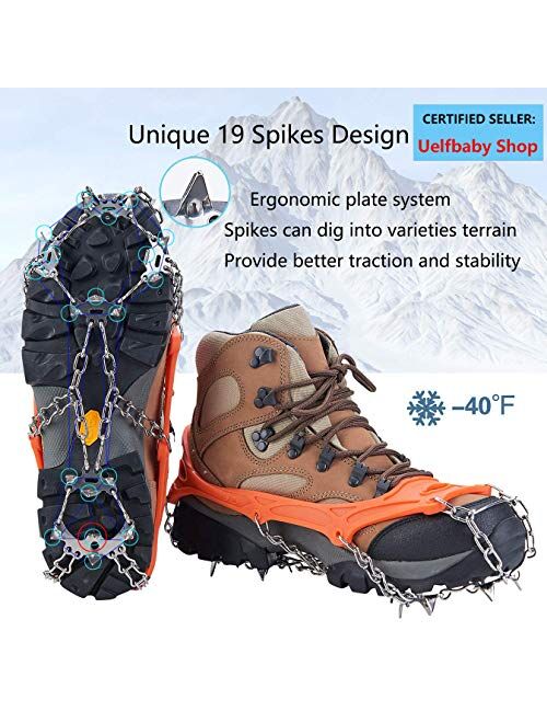 Uelfbaby Upgraded 19 Spikes Crampons Ice Snow Grips Traction Cleats System Safe Protect for Walking, Jogging, or Hiking on Snow and Ice (Fit S/M/L/XL/XXL Shoes/Boots)