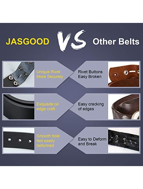 JASGOOD Mens Leather Belt Strap Without Buckle, Vintage Replacement Leather Belt Strap with Snap on Buckle Width 1.45 Inch