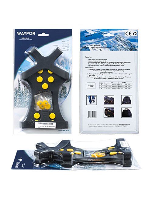 WAYPOR Ice Grips, Traction Cleats, Ice Cleat, Easy Slip On, Outdoor Durable, 10 Steel Studs, Stretchable, Prevent Slipping from Ice/Snow, Extra Studs Included in Each Pac