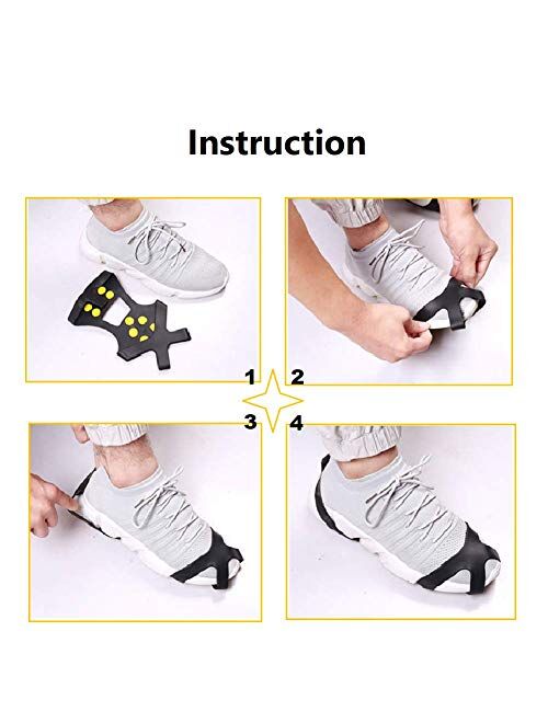 Fiersh Ice Cleats - Snow Grips Crampons Anti-Slip Traction Cleats Ice & Snow Grippers for Shoes and Boots - 10 Steel Studs Slip-on Stretch Footwear for Women Men Kids (Ex