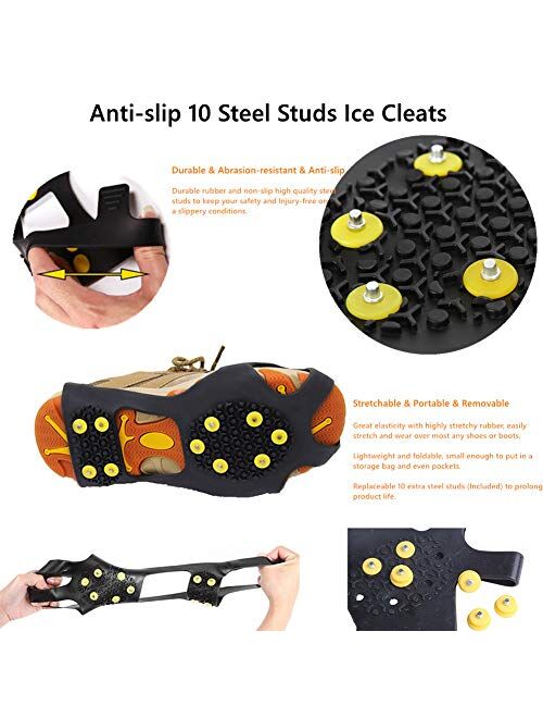 Fiersh Ice Cleats - Snow Grips Crampons Anti-Slip Traction Cleats Ice & Snow Grippers for Shoes and Boots - 10 Steel Studs Slip-on Stretch Footwear for Women Men Kids (Ex