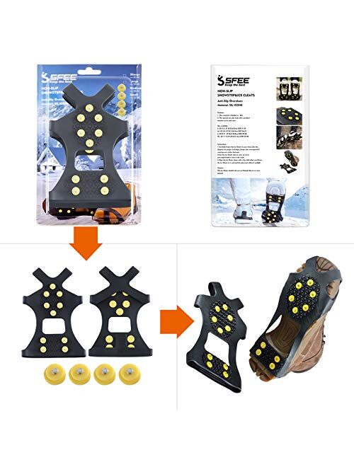 Sfee Ice Snow Grips Crampons Traction Cleats Spikes 19 Spikes for Women Men,Anti Slip Stainless Steel Chain Flexible Footwear for Walking Climbing Hiking Fishing Outdoor