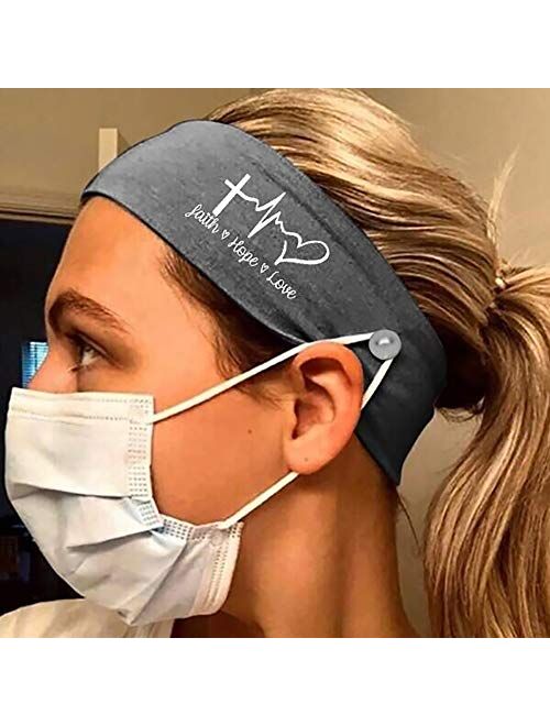 4 Pack Headbands with Buttons, Yoga Head Wraps For Face Masks Nurses Women Men Sport Hair Band Sports Headband Holder Bandannas Elastic Headbands