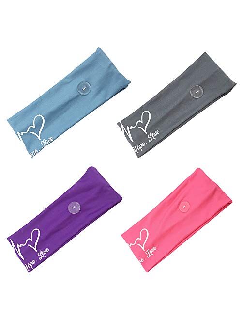 4 Pack Headbands with Buttons, Yoga Head Wraps For Face Masks Nurses Women Men Sport Hair Band Sports Headband Holder Bandannas Elastic Headbands