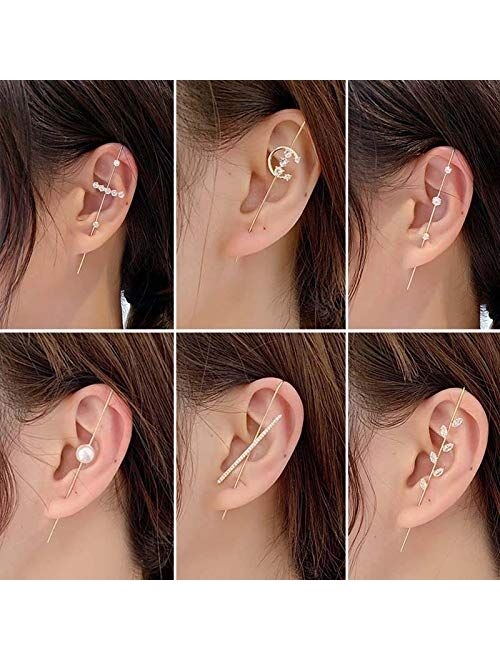 Ear Wrap Earrings - Elegant Crystal Craved Gold-tone Crawler Hook Earrings Classic Rhinestone Piercing Ear Cuff for Women Girls Wedding Delicate Wire Needle Studs Earring