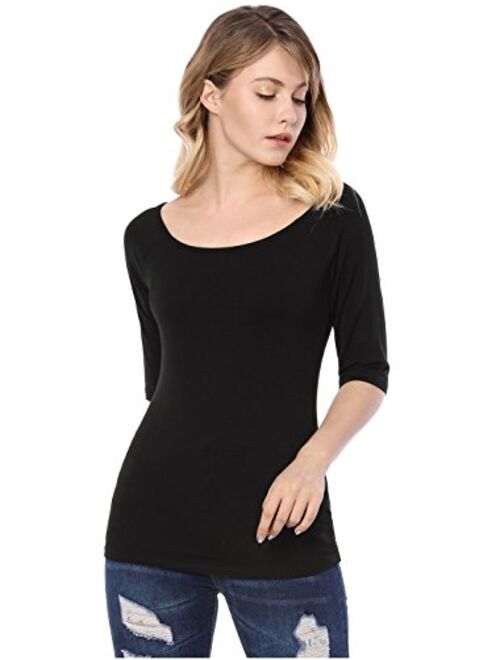 Allegra K Women's Half Sleeves Scoop Neck Fitted Layering Top Soft T-Shirt