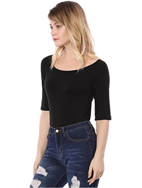 Allegra K Women's Half Sleeves Scoop Neck Fitted Layering Top Soft T-Shirt