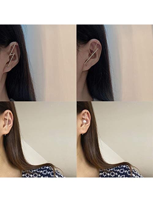 4pcs Ear Cuff Crawler Hook Earrings Piercing Ear Wrap Gold Pearl Cubic Zirconia Hoop Earrings Gift for Women Girls