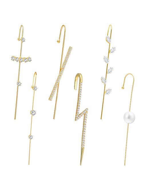 2/6/8Pcs Ear Wrap Crawler Hook Earrings for Women Ear Studs Alloy Rhinestone Ear Jewelry for Birthday Hypoallergenic Stud Earrings Set