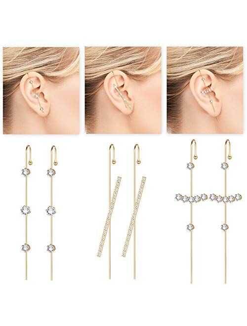 3 Pairs Ear Cuff Wrap Crawler Hook Earrings Rhinestone Hook Earrings Classic Jewelry Ear Cuff Piercing Earrings for Women Girls Valentine Birthday Party