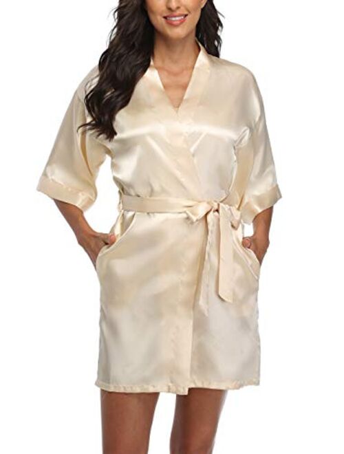 Women's Short Satin Kimono Robes Pure Color Sleepwear Bathrobe for Wedding Party