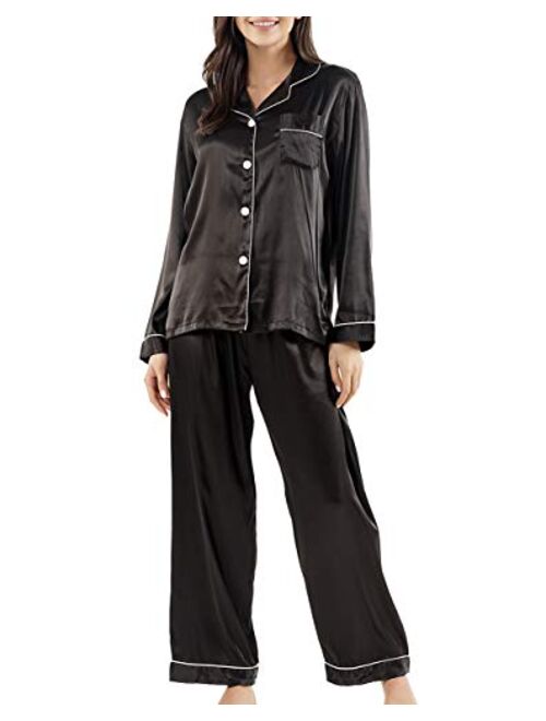 GAESHOW Women Silk Pajamas Set Long Sleeve Ladies Satin PJ Sets Button-Down Pajama Sleepwear Loungewear S~XL