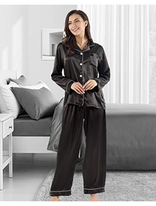 GAESHOW Women Silk Pajamas Set Long Sleeve Ladies Satin PJ Sets Button-Down Pajama Sleepwear Loungewear S~XL