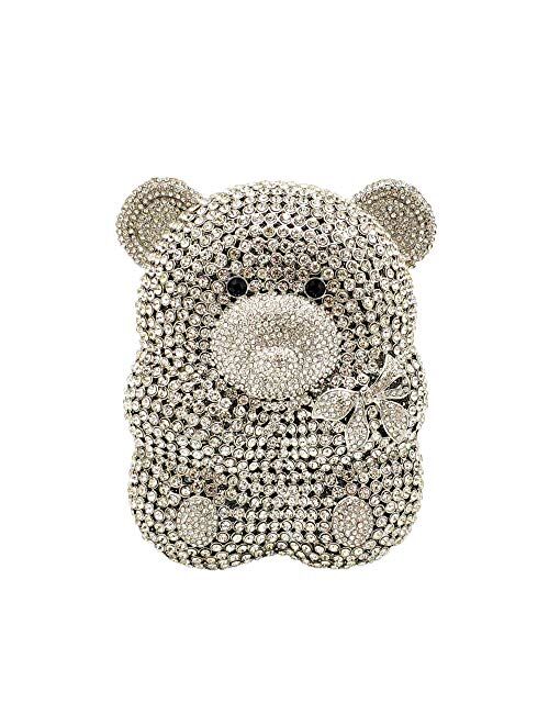 Boutique De FGG Bear Evening Bags and Clutches for Women Formal Party Cocktail Rhinestone Minaudiere Animal Purse Handbag