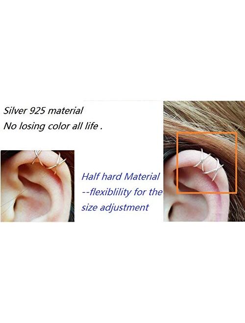 Sterling 925 Silver 4pcs No Piercing Earcuff 2 pcs double line 2 pcs Criss Cross simple Gold Plated fake helix ear cuff cartilage Earring
