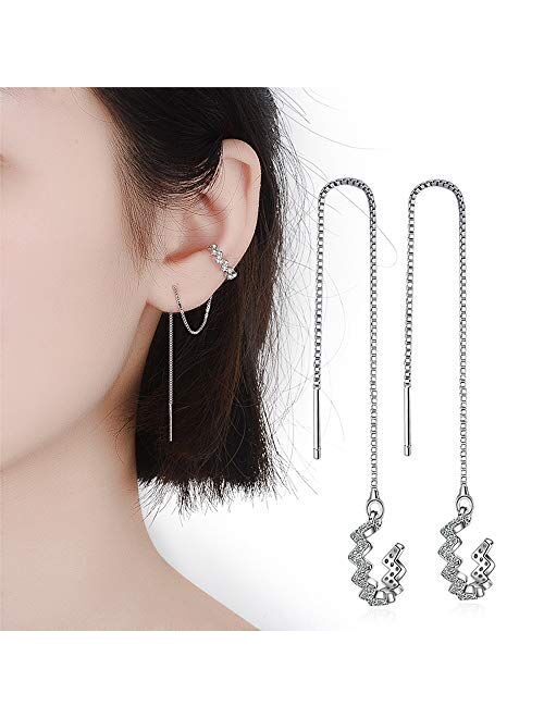 925 Sterling Silver Tassel Earrings Silver Wave Cuff Earrings Wrap for Women Threader Earrings