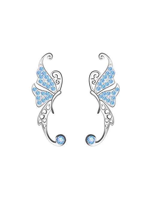 Ear Crawler, Mariafashion Cuff Earrings Sterling Silver Ear Climber Butterfly Diamond Zircon Stud Earrings (butterfly ear cuff)