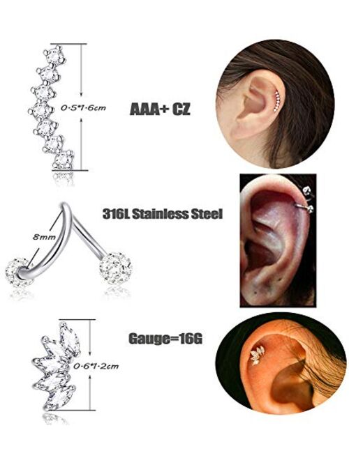 JOERICA 3 Pairs Stainless Steel Silver Ear Cartilage Earrings for Women Girls Tragus Helix Earring Cute Conch Flat Back Piercing Jewelry 16G