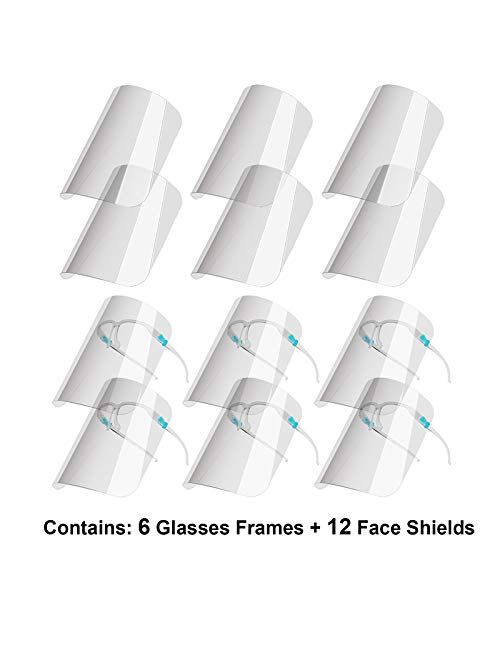 Anti-fog Reusable Face Shields with Glasses Frame Set for Men and Women,6 Glasses and 12 Shields