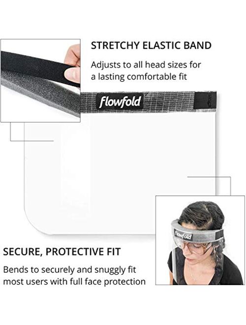 Flowfold Face Shield Masks - Protective Plastic Face Shields Made in USA, Full Face Adult Clear Face Shields & Anti-Fog Plastic Visor Face Shields