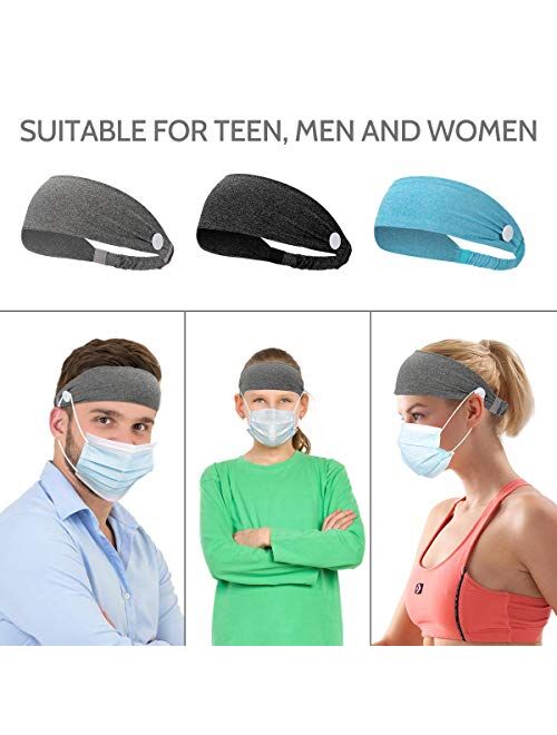 Headband with Buttons for Face Masks, Non Slip Stretchy Ear Protection Sweatband for Men Women Nurses Doctors 3 Packs(Blue, Grey, Dark Grey)