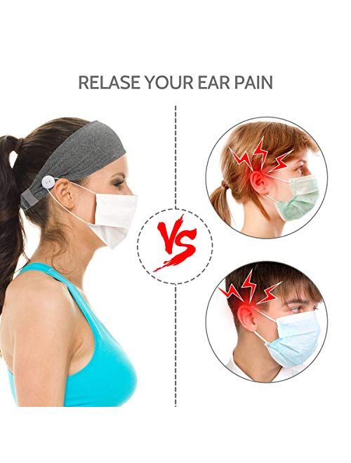 Headband with Buttons for Face Masks, Non Slip Stretchy Ear Protection Sweatband for Men Women Nurses Doctors 3 Packs(Blue, Grey, Dark Grey)