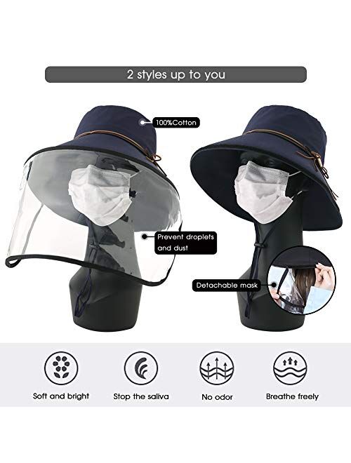 Jeff & Aimy Womens Wide Brim Packable Summer Sun Bucket Hat with Transparent Shield Beach Safari Bow Fishing Bonnie Navy