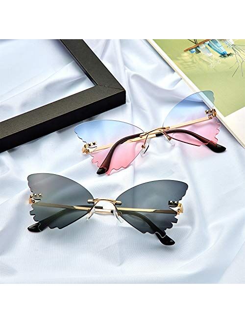 2 Pairs Butterfly Rimless Sunglasses Cat Eye Oversized Eyewear Metal Frame Sunglasses for Men and Women, 2 Colors
