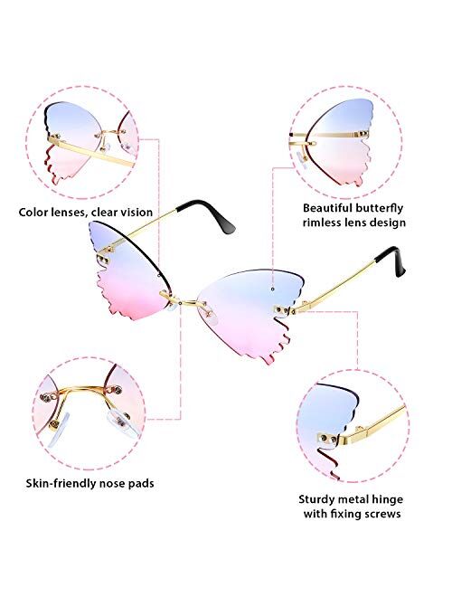 2 Pairs Butterfly Rimless Sunglasses Cat Eye Oversized Eyewear Metal Frame Sunglasses for Men and Women, 2 Colors