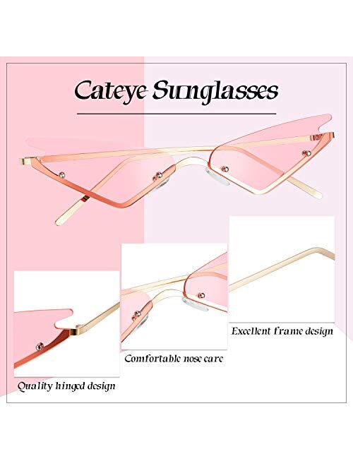 Enhon 2 Pairs Cat Eye Sunglasses Small Cat Eye Rimless Sunglasses Narrow Tinted Sunglasses Retro Vintage Triangle Glasses for Party, Pink and Grey